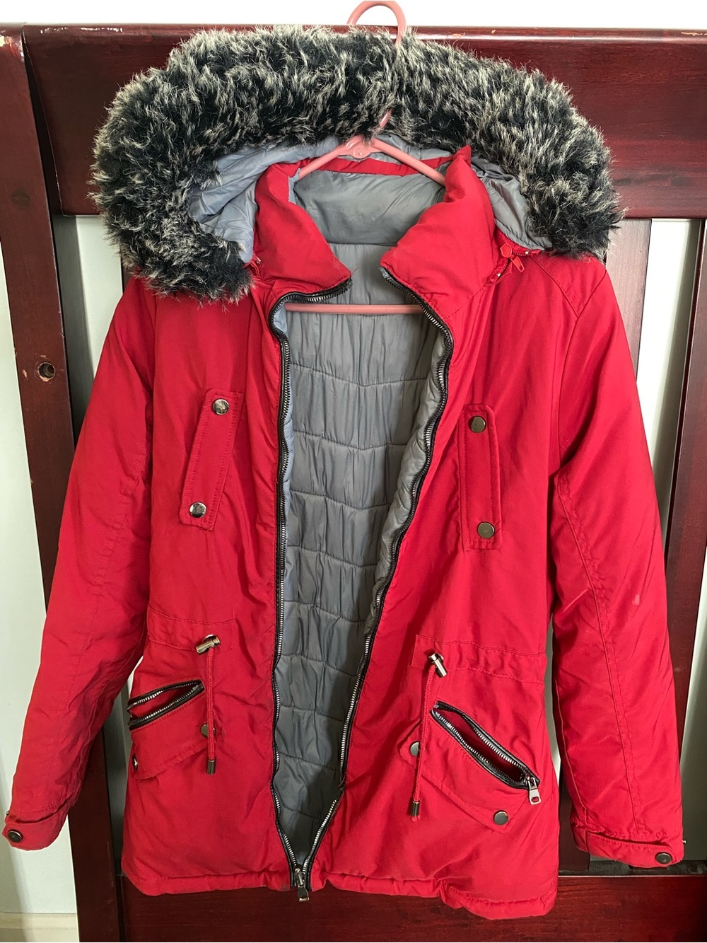 Women's Red Hooded Parka Jacket with Faux Fur Trim